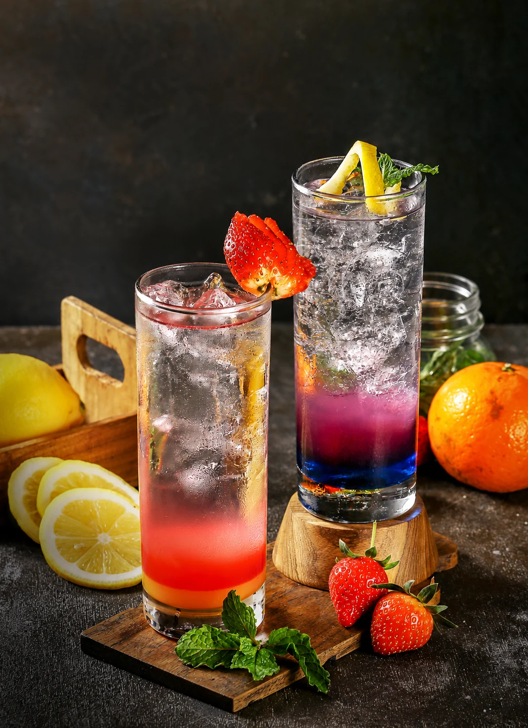 Dua gelas mocktail dengan buah segar dan es